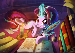 Size: 2500x1767 | Tagged: safe, artist:light262, starlight glimmer, pony, unicorn, every little thing she does, g4, beautiful, book, candle, curved horn, cute, feather, female, fluffy, glimmerbetes, high res, horn, ink, levitation, looking at you, magic, mare, pen, quill, romantic, solo, sweet dreams fuel, telekinesis