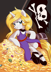 Size: 2480x3507 | Tagged: safe, artist:yulyeen, oc, oc only, oc:bay 'wave' janet, pony, unicorn, bonne jenet, clothes, coin, dress, flag, garou: mark of the wolves, high heels, high res, pirate, sitting, solo, treasure, treasure chest