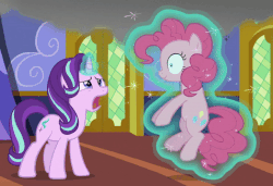Size: 476x325 | Tagged: safe, screencap, pinkie pie, starlight glimmer, pony, every little thing she does, g4, animated, female, fiducia compellia, frown, gif, hypnosis, hypnotized, levitation, loop, magic, open mouth, shaking, smiling, talking, telekinesis, wide eyes
