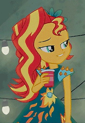 Size: 243x350 | Tagged: safe, screencap, sunset shimmer, equestria girls, g4, my little pony equestria girls: legend of everfree, animated, clothes, dress, eyebrow wiggle, female, gif, smugset shimmer, solo