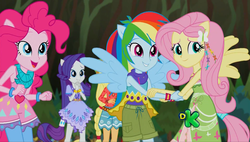 Size: 1920x1090 | Tagged: safe, screencap, applejack, fluttershy, pinkie pie, rainbow dash, rarity, equestria girls, g4, my little pony equestria girls: legend of everfree, camp fashion show outfit, cute, discovery kids, female, ponied up