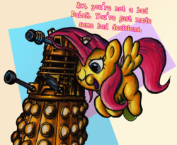 Size: 2778x2281 | Tagged: safe, artist:darkone10, fluttershy, pony, g4, crossover, dalek, doctor who, duo, flying, high res, one eye closed, open mouth, smiling, spread wings, this will end in tears