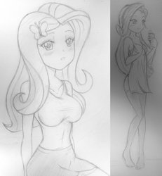 Size: 1024x1109 | Tagged: safe, artist:trainbang, fluttershy, rarity, equestria girls, g4, anime style, bra, breasts, busty fluttershy, clothes, female, manga style, monochrome, nightgown, panties, sketch, skirt, stockings, tank top, towel, traditional art, underwear