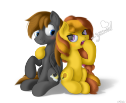 Size: 2200x1800 | Tagged: safe, artist:awalex, oc, oc only, earth pony, pegasus, pony, duo, female, hug, male, mare, stallion, yawn