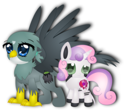 Size: 4534x3978 | Tagged: safe, artist:spophia, gabby, sweetie belle, griffon, pony, robot, robot pony, unicorn, g4, cutie mark, duo, fake cutie mark, female, filly, foal, hooves, horn, simple background, spread wings, sweetie bot, the cmc's cutie marks, transparent background, wings