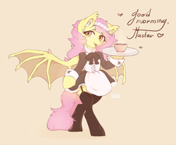 Size: 3319x2735 | Tagged: safe, artist:dagmell, fluttershy, bat pony, pony, semi-anthro, g4, clothes, dress, female, flutterbat, heart, high res, maid, master, race swap, solo, speech, tray