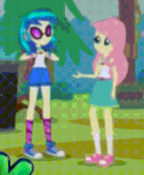 Size: 384x466 | Tagged: safe, screencap, dj pon-3, fluttershy, vinyl scratch, equestria girls, g4, my little pony equestria girls: legend of everfree, animated, converse, discovery kids, female, gif, shoes
