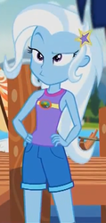 Size: 323x676 | Tagged: safe, screencap, trixie, equestria girls, g4, my little pony equestria girls: legend of everfree, blue skin, camp everfree outfits, clothes, denim shorts, female, hand on hip, multicolored hair, pier, purple eyes, sassy, shorts, skeptical, sleeveless, solo, tank top, tomboy