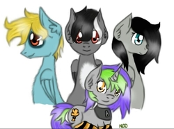 Size: 800x595 | Tagged: artist needed, safe, oc, oc only, oc:frenzy nuke, oc:rich hernandez, oc:viola heartstrings, pegasus, pony, unicorn, clothes, collar, group photo, looking at you, lying down, socks, striped socks