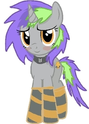 Size: 531x733 | Tagged: artist needed, safe, oc, oc only, oc:frenzy nuke, pony, unicorn, blushing, clothes, collar, looking at you, socks, solo, standing, striped socks