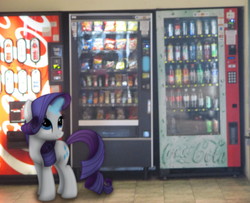 Size: 1688x1368 | Tagged: safe, artist:riniginianna, rarity, g4, coke bottle, irl, magic, photo, ponies in real life, shadow, snacks, soda, solo, vector, vending machine