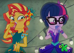 Size: 904x644 | Tagged: safe, screencap, sci-twi, sunset shimmer, twilight sparkle, equestria girls, g4, my little pony equestria girls: legend of everfree, blushing, cropped, discovery kids, out of context