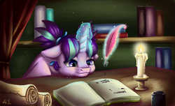 Size: 2800x1700 | Tagged: safe, artist:alina-sherl, starlight glimmer, g4, book, candle, candlelight, crying, female, ink, magic, pen, russian, scroll, solo, writing