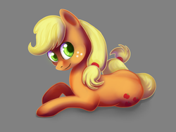 Size: 2000x1500 | Tagged: safe, artist:bugiling, applejack, g4, female, hatless, looking at you, missing accessory, prone, solo