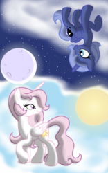 Size: 1200x1920 | Tagged: safe, artist:theroyalprincesses, princess celestia, princess luna, g4, cewestia, cloud, cute, day, duo, female, filly, filly celestia, filly luna, moon, night, night sky, pink-mane celestia, raised hoof, request, royal sisters, sisters, sky, split screen, stars, sun, tangible heavenly object, upside down, woona, younger