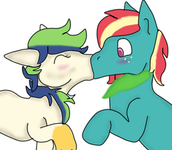 Size: 410x358 | Tagged: safe, artist:ventorian, oc, oc only, oc:splatterpaw, blushing, kissing