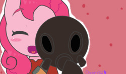 Size: 996x584 | Tagged: safe, pinkie pie, g4, crossover, cute, female, gas mask, parody, pyro (tf2), smiling, solo, team fortress 2