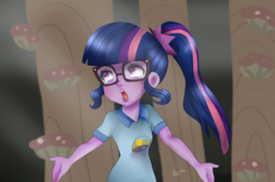 Size: 1024x675 | Tagged: safe, artist:arioodle, sci-twi, twilight sparkle, equestria girls, g4, my little pony equestria girls: legend of everfree, female, forest, glasses, open mouth, scene interpretation, signature, singing, solo, the midnight in me