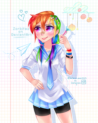 Size: 1165x1469 | Tagged: safe, artist:zorbitas, rainbow dash, human, g4, anime, bracelet, clothes, compression shorts, female, humanized, jewelry, pen, pleated skirt, shorts, sketchbook, skirt, solo, wristband