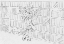 Size: 2550x1775 | Tagged: safe, artist:horsesass, twilight sparkle, alicorn, pony, g4, clothes, female, jewelry, librarian, library, monochrome, necklace, shoes, side slit, skirt, solo, stockings, traditional art, twilight sparkle (alicorn)