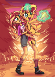 Size: 1542x2160 | Tagged: safe, artist:discorded, artist:pirill, sunset shimmer, human, pony, unicorn, equestria girls, g4, my little pony equestria girls: legend of everfree, best pony, boots, camp everfree, cheek fluff, clothes, collaboration, cute, female, glowing, glowing horn, holding a pony, horn, human ponidox, leg fluff, legs, levitation, magic, open mouth, self ponidox, shimmerbetes, shorts, socks, solo, sunset shimmer day, sunshine shimmer, telekinesis, trophy