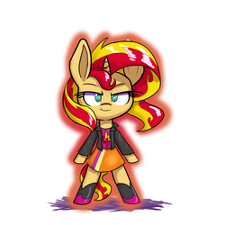 Size: 2400x2400 | Tagged: safe, artist:heir-of-rick, sunset shimmer, unicorn, anthro, g4, boots, chibi, clothes, cute, female, high res, jacket, leather jacket, skirt, solo