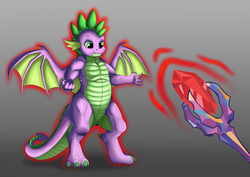 Size: 1754x1240 | Tagged: safe, artist:exelzior, spike, dragon, g4, age progression, bloodstone scepter, dragon lord spike, growth, hilarious in hindsight, male, muscles, offscreen character, solo, winged spike, wings
