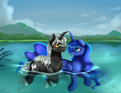 Size: 2870x2198 | Tagged: safe, artist:pridark, princess luna, alicorn, kaiju pony, pony, unicorn, fanfic:the bridge, g4, buoyant, canon x oc, colored sclera, commission, crooked horn, female, godzilla (series), godzilla junior, high res, horn, lake, lunazilla, male, mare, open mouth, pegaduck, ponified, red sclera, scenery, shipping, signature, sipping, stallion, straight, swanluna, swimming, water, wet