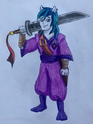 Size: 1706x2273 | Tagged: safe, artist:bozzerkazooers, alumnus shining armor, shining armor, equestria girls, g4, buster sword, clothes, giant sword, male, ninja, ponied up, solo, sword, traditional art, weapon