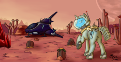 Size: 1750x903 | Tagged: safe, artist:brushstroke, trixie, pony, unicorn, g4, astronaut, female, mare, no man's sky, solo, spaceship, spacesuit