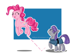 Size: 904x673 | Tagged: safe, artist:lokkyta, maud pie, pinkie pie, earth pony, pony, g4, abstract background, duo, female, happy, jumping, pronking, sisters, smiling