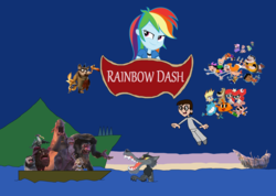 Size: 4609x3273 | Tagged: safe, rainbow dash, oc, ape, badger, bird, boar, cat, dog, fennec fox, fish, fox, goldfish, human, hyena, kangaroo, mouse, rabbit, seal, vulture, wolf, equestria girls, g4, anais watterson, animal, blue-footed booby, buck (oscar's oasis), captain gutt, chamitataxus, crossover, cynthia brisby, darwin watterson, dobson, don bluth, elephant seal, flynn, gigantopithecus, gumball watterson, gupta, harchi, ice age, ice age 4: continental drift, johnny test, martin brisby, oscar's oasis, palaeolagus, parody, peter and the wolf, peter pan, phineas and ferb, pirate, pirate ship, popy, poster, procoptodon, raz, silas, squint (ice age), teresa brisby, the amazing world of gumball, the secret of nimh, timothy brisby