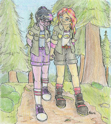 Size: 1280x1437 | Tagged: safe, artist:azkre, sci-twi, sunset shimmer, twilight sparkle, equestria girls, g4, my little pony equestria girls: legend of everfree, clothes, converse, female, holding hands, jacket, lesbian, ship:sci-twishimmer, ship:sunsetsparkle, shipping, shoes, sneakers