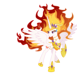 Size: 2500x2500 | Tagged: safe, artist:xinimator, nightmare star, princess celestia, alicorn, pony, g4, crown, eyeshadow, female, high res, jewelry, makeup, mane of fire, mare, raised hoof, regalia, simple background, solo, spread wings, tall alicorn, transparent background, vector, wings