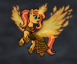 Size: 1200x998 | Tagged: safe, artist:sensko, sunset shimmer, phoenix, pony, equestria girls, g4, armor, beautiful, clothes, female, fiery shimmer, fire, open mouth, solo, wings