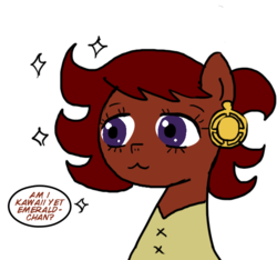 Size: 640x600 | Tagged: safe, artist:ficficponyfic, color edit, edit, oc, oc only, oc:ruby rouge, earth pony, pony, colt quest, big eyelashes, big eyes, child, clothes, color, colored, ear piercing, earring, female, filly, foal, jewelry, magic, piercing, solo, text, that was fast, transformation