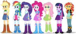Size: 1863x851 | Tagged: safe, artist:tiredbrony, applejack, fluttershy, pinkie pie, rainbow dash, rarity, sci-twi, sunset shimmer, twilight sparkle, equestria girls, g4, balloon, boots, bowtie, bracelet, clothes, cowboy boots, cutie mark, cutie mark on clothes, download at source, flash, flash puppet, high heel boots, humane five, humane seven, humane six, jacket, jewelry, leather jacket, legs, puppet, simple background, sleeveless, socks, transparent background, twilight sparkle (alicorn), wristband