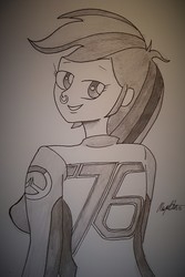 Size: 1961x2944 | Tagged: safe, artist:missmayaleanne, rainbow dash, equestria girls, g4, clothes, jacket, jewelry, looking at you, monochrome, nose piercing, overwatch, piercing, soldier 76, traditional art