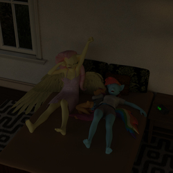Size: 2400x2400 | Tagged: safe, artist:jawolfadultishart, fluttershy, rainbow dash, scootaloo, anthro, plantigrade anthro, g4, 3d, adopted offspring, armpits, barefoot, bed, boxers, clothes, crossover, cute, daz studio, feet, female, high res, lesbian, male, mare, morning ponies, nightgown, panties, parent:fluttershy, parent:rainbow dash, parents:flutterdash, scootadoption, scootalove, ship:flutterdash, shipping, sleeping, sleeping together, snoring, sonic the hedgehog, sonic the hedgehog (series), stretching, underwear, yawn