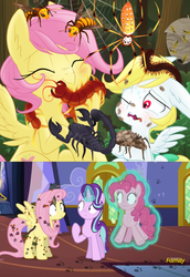 Size: 790x1150 | Tagged: safe, artist:equestria-prevails, edit, edited screencap, screencap, angel bunny, fluttershy, pinkie pie, starlight glimmer, asian giant hornet, earth pony, hornet, insect, millipede, pegasus, pony, rat, scorpion, snake, spider, unicorn, every little thing she does, g4, backstory, bug armor, comparison, creepy crawlies, creepy smile, do not want, ear fluff, eyes closed, fear, female, fiducia compellia, forest, frown, glowing horn, hilarious in hindsight, horn, hypnosis, hypnotized, indoors, levitation, magic, mare, one eye closed, outdoors, ponified pony pets, raised hoof, smiling, standing, sweat, telekinesis, twilight's castle