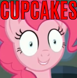 Size: 629x641 | Tagged: safe, edit, edited screencap, screencap, pinkie pie, fanfic:cupcakes, every little thing she does, g4, caption, female, fiducia compellia, food, horror, image macro, meme, mind control, pinkamena diane pie, reaction image, smiling, solo, text, this will end in cupcakes, thousand yard stare