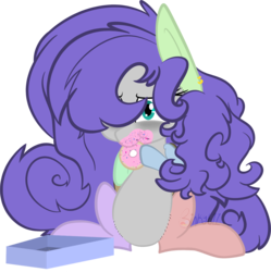 Size: 1923x1927 | Tagged: safe, artist:binkyt11, oc, oc only, oc:penelope, pegasus, pony, bags under eyes, big hair, donut, ear piercing, earring, embarrassed, food, jewelry, nom, piercing, solo, stitched body, stitches, watermark