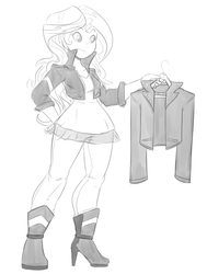 Size: 905x1200 | Tagged: dead source, safe, artist:reiduran, sunset shimmer, equestria girls, g4, my little pony equestria girls: friendship games, clothes, clothes hanger, female, grayscale, jacket, leather jacket, monochrome, sketch, solo, wide hips