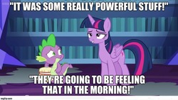 Size: 889x500 | Tagged: safe, edit, edited screencap, screencap, spike, twilight sparkle, alicorn, dragon, pony, every little thing she does, g4, caption, image macro, lidded eyes, meme, out of context, twilight sparkle (alicorn)