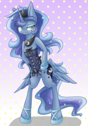 Size: 1728x2480 | Tagged: safe, artist:azurepicker, princess luna, alicorn, semi-anthro, g4, blushing, both cutie marks, bow, butt wings, clothes, corset, featureless crotch, female, lingerie, pixiv, polka dot background, shoes, solo, tongue out