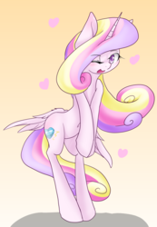 Size: 1728x2500 | Tagged: safe, artist:azurepicker, princess cadance, pony, g4, belly, belly button, bipedal, butt wings, female, gradient background, heart, one eye closed, solo, wink