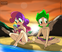 Size: 2525x2126 | Tagged: safe, artist:ryured, spike, sweetie belle, human, g4, ankles, barefoot, bikini, blushing, clothes, cute, drawing, duo, feet, female, high res, human spike, humanized, male, male feet, older, one-piece swimsuit, sand, ship:spikebelle, shipping, shy, sitting, smiling, straight, swimsuit, topless
