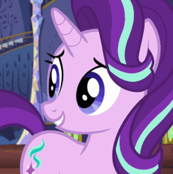 Size: 479x480 | Tagged: safe, edit, edited screencap, screencap, starlight glimmer, pony, unicorn, every little thing she does, g4, animated, caption, female, fiducia compellia, gif, glowing eyes, glowing horn, horn, image macro, magic, mare, meme, reaction image, solo, text, triggered