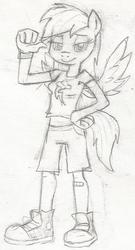 Size: 330x613 | Tagged: safe, artist:dertikleen, rainbow dash, pegasus, anthro, plantigrade anthro, g4, bandaid, clothes, converse, cutie mark, cutie mark on clothes, female, grayscale, lidded eyes, looking at you, midriff, monochrome, shirt, shoes, short shirt, simple background, sneakers, solo, t-shirt, traditional art, white background