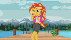 Size: 800x450 | Tagged: safe, screencap, sunset shimmer, equestria girls, g4, my little pony equestria girls: legend of everfree, animated, clothes, discovery kids, embrace the magic, female, fist, gif, lake, lidded eyes, out of context, sexy, shimmy, shorts, singing, solo